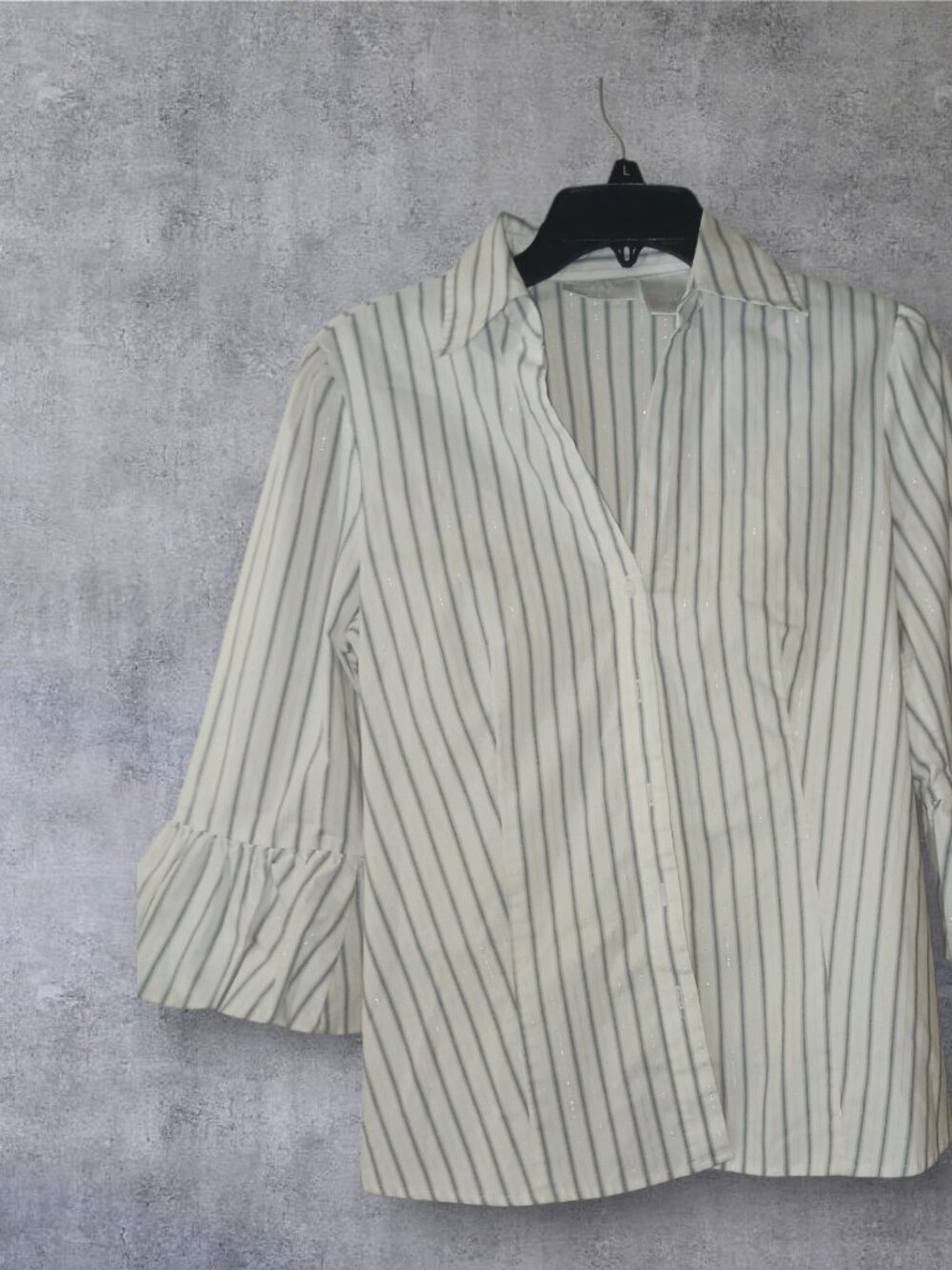 Worthington Stretch Striped Blouse Size 10 White Gray Shimmer Career Top